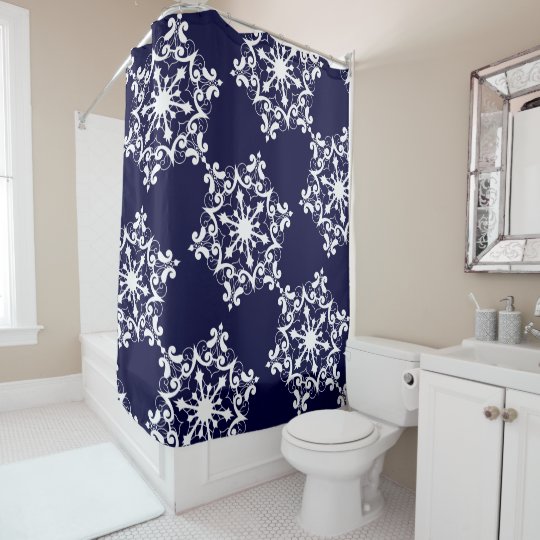 White Snowflake On Dark Blue Shower Curtain | Zazzle.com