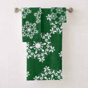 White Snowflake on Dark Green Bath Towel Set