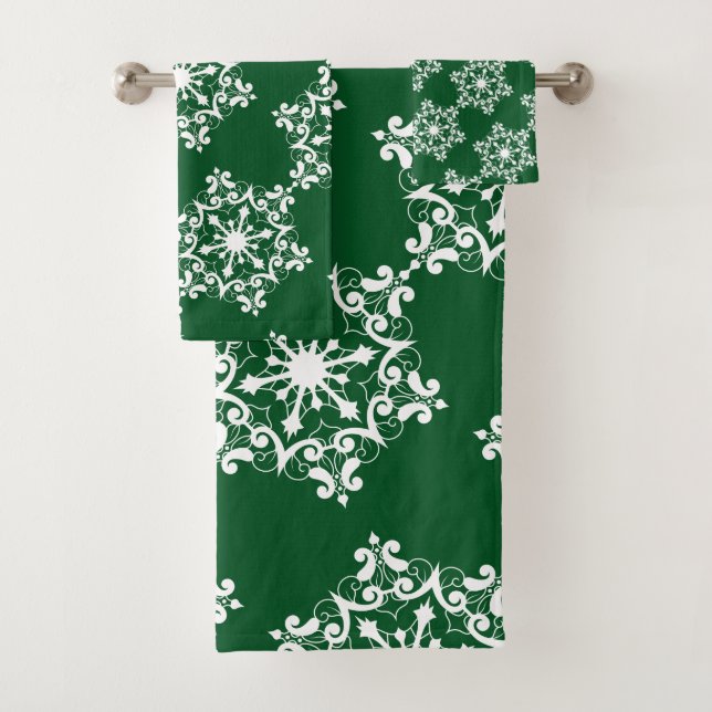 White Snowflake on Dark Green Bath Towel Set (Insitu)