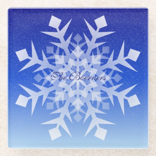 White Snowflake on Falling Snow Glass Coaster