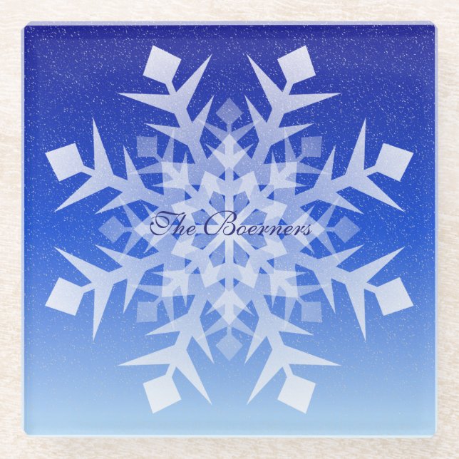 White Snowflake on Falling Snow Glass Coaster (Front)