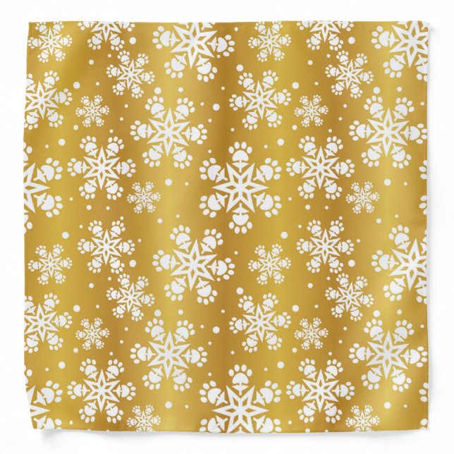 White  Snowflake on gold with paw print pattern Bandana (Front)