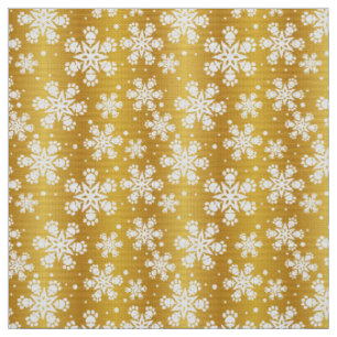 White  Snowflake on gold with paw print pattern Fabric