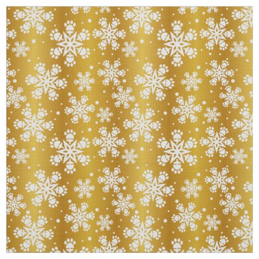 White  Snowflake on gold with paw print pattern Fabric