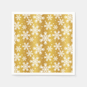 White  Snowflake on gold with paw print pattern Napkins