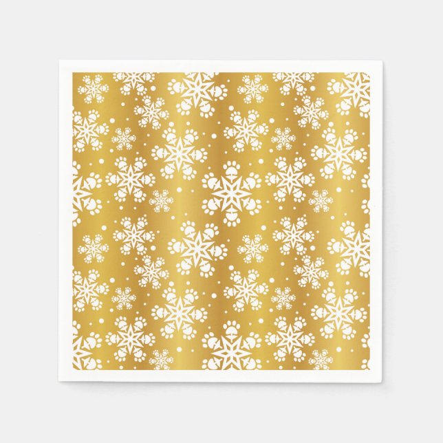 White  Snowflake on gold with paw print pattern Napkins (Front)