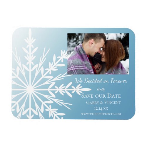 White Snowflake on Ice Blue Wedding Save the Date Magnet