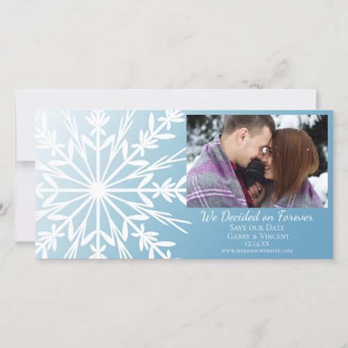 White Snowflake on Ice Blue Winter Wedding Save The Date