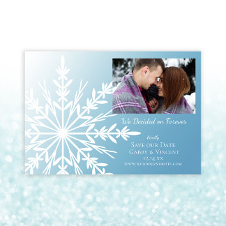White Snowflake on Ice Blue Winter Wedding Save The Date