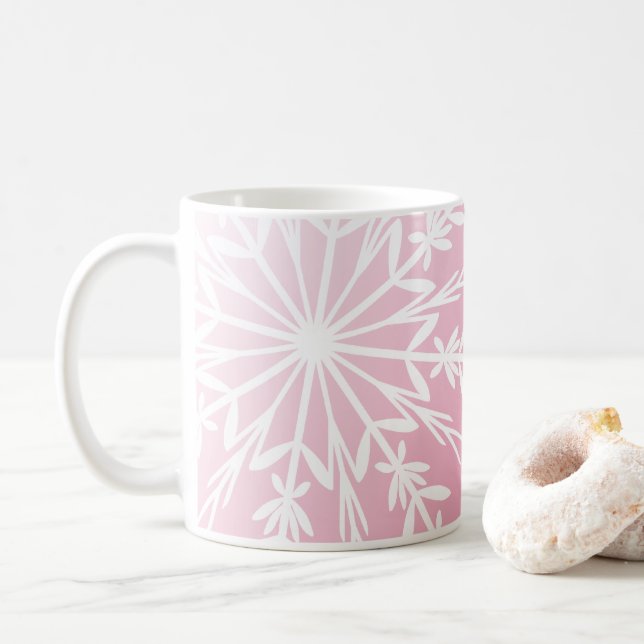 White Snowflake on Pink Happy Holidays Coffee Mug (With Donut)