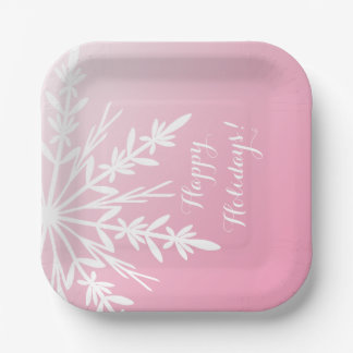 White Snowflake on Pink Happy Holidays Paper Plates