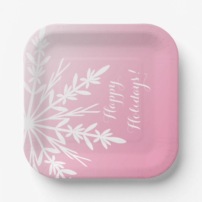White Snowflake on Pink Happy Holidays Paper Plates (Front)
