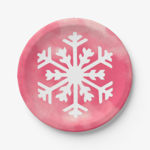 White snowflake on Pink Watercolor Background Paper Plates