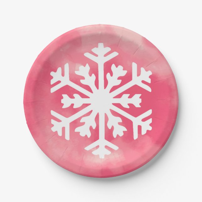 White snowflake on Pink Watercolor Background Paper Plates (Front)