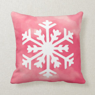 White snowflake on Pink Watercolor Background Throw Pillow