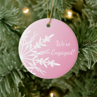 White Snowflake on Pink Winter Engagement Ceramic Ornament