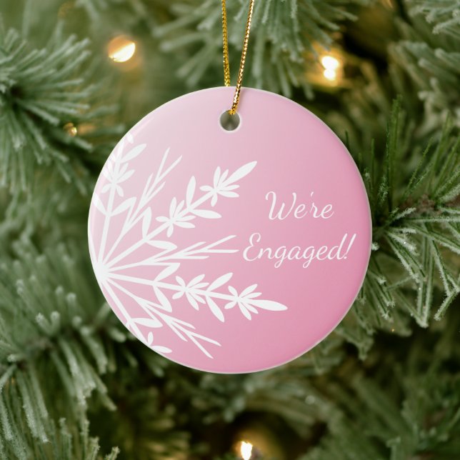White Snowflake on Pink Winter Engagement Ceramic Ornament (Tree)