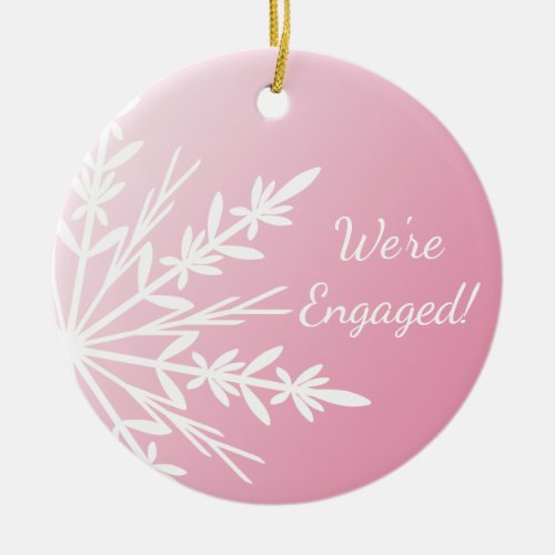 White Snowflake on Pink Winter Engagement Ceramic Ornament