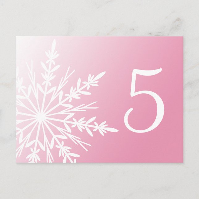 White Snowflake on Pink Winter Table Number (Front)