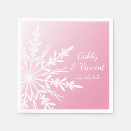 White Snowflake on Pink Winter Wedding Paper Napkins