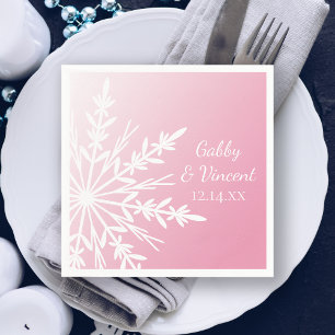 White Snowflake on Pink Winter Wedding Paper Napkins