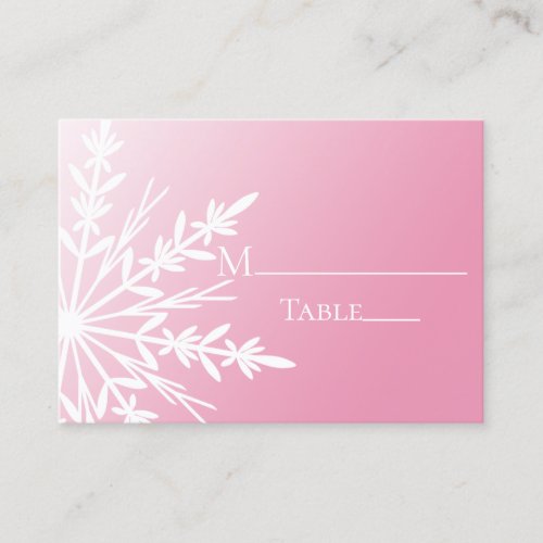 White Snowflake on Pink Winter Wedding Place Cards