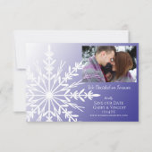 White Snowflake on Purple Winter Wedding Save The Date (Front)