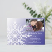White Snowflake on Purple Winter Wedding Save The Date (Standing Front)