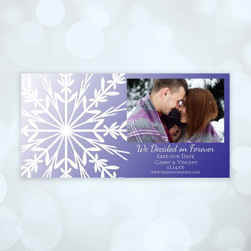 White Snowflake on Purple Winter Wedding Save The Date