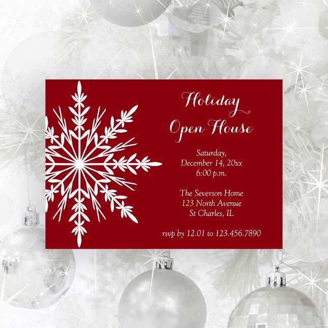 White Snowflake on Red Holiday Open House Invitation (Creator Uploaded)