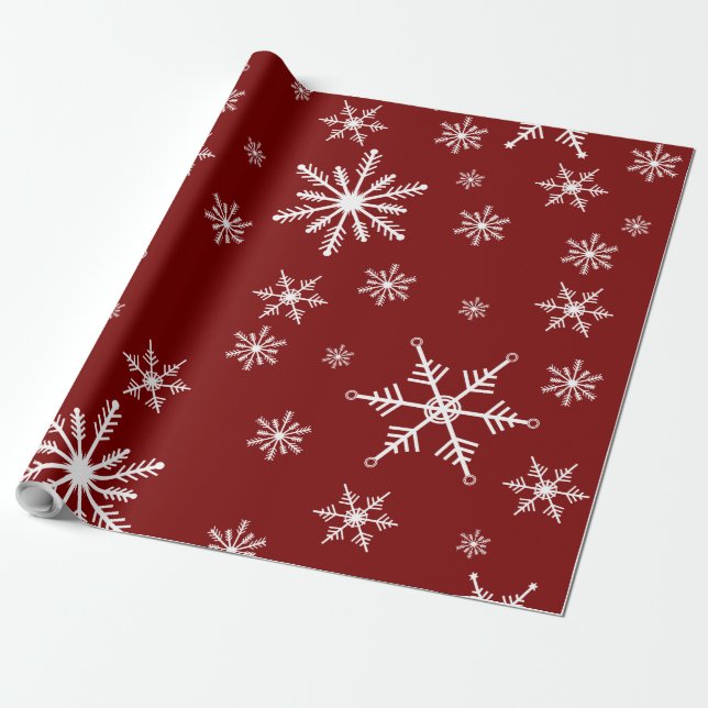 White Snowflake On Red Pattern Wrapping Paper (Unrolled)