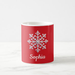 White Snowflake on Red Personalized Christmas Coffee Mug