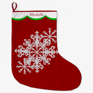 White Snowflake on Red Personalized Large Christmas Stocking