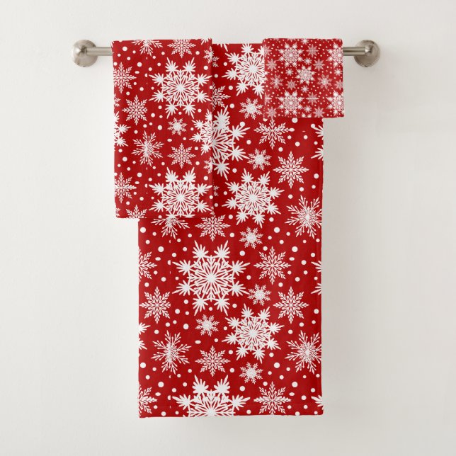 White Snowflake on Red Traditional Pattern  Bath Towel Set (Insitu)