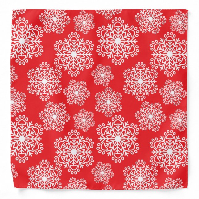 White  Snowflake on red with paw print pattern Bandana (Front)