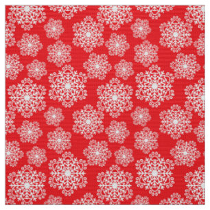 White Snowflake on red with paw print pattern Fabric