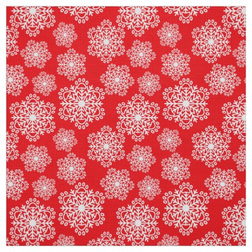 White Snowflake on red with paw print pattern Fabric