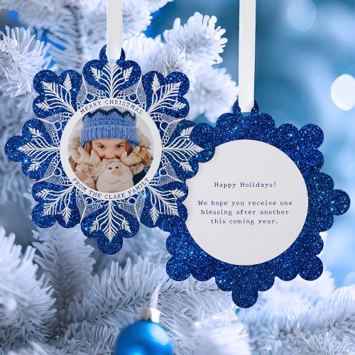 White Snowflake on Sparkly Blue Faux Glitter Photo Ornament Card