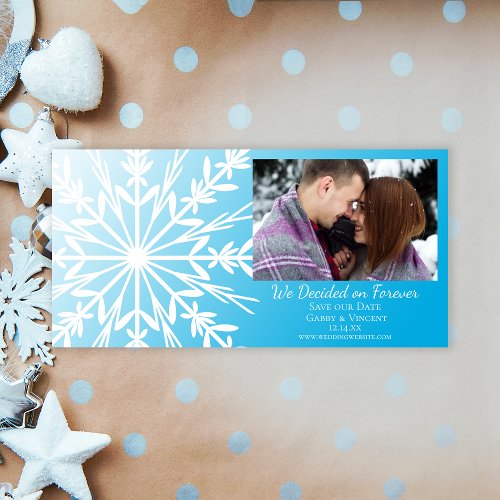 White Snowflake on Teal Blue Winter Wedding Save The Date