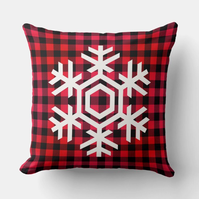 White Snowflake on warm red tartan pattern  Throw Pillow (Front)