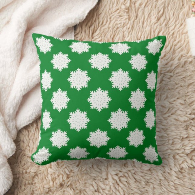 White Snowflake Pattern Green Throw Pillow (Creator Uploaded)