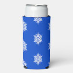 White snowflake pattern on blue seltzer can cooler