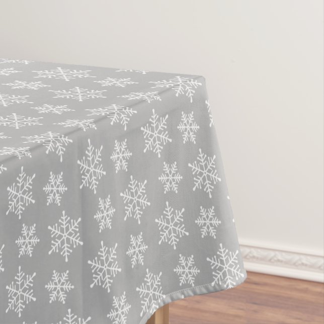 White Snowflake Pattern on Light Silver Gray Tablecloth (In Situ)