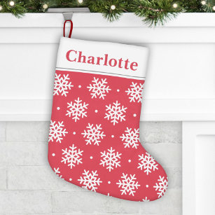 White Snowflake Pattern with Monogram Red Holiday Small Christmas Stocking