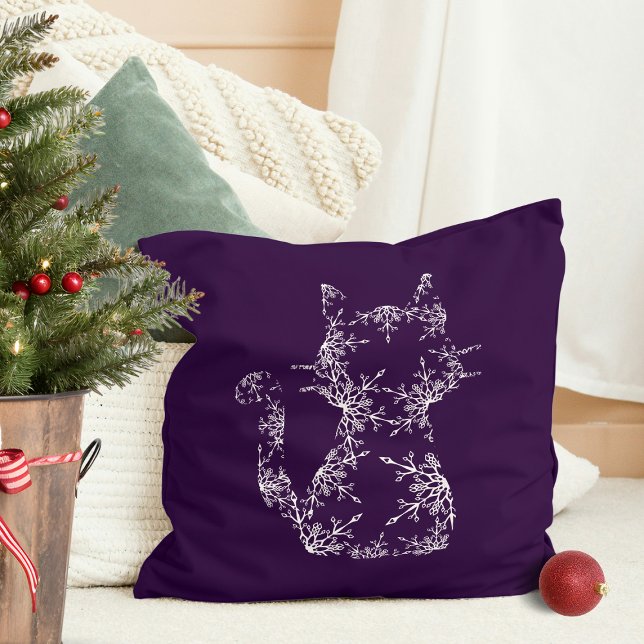 White Snowflake Patterned Cat Silhouette Throw Pillow (White Snowflake Patterned Cat Silhouette Throw Pillow)