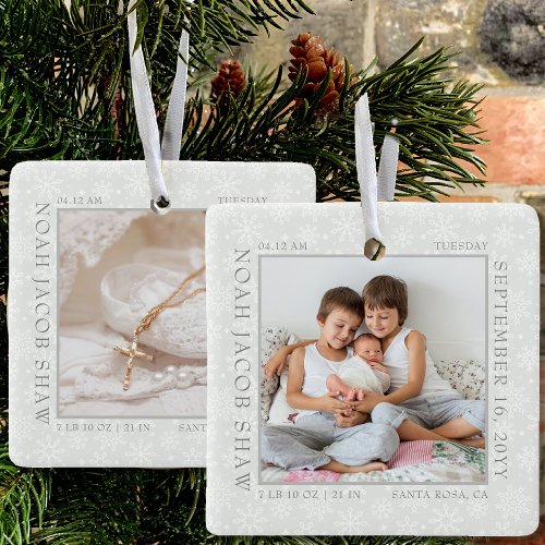 White Snowflake Photo Frame and Baby Birth Stats Ceramic Ornament