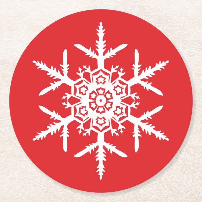 White Snowflake Red Holiday Round Paper Coaster (Front)