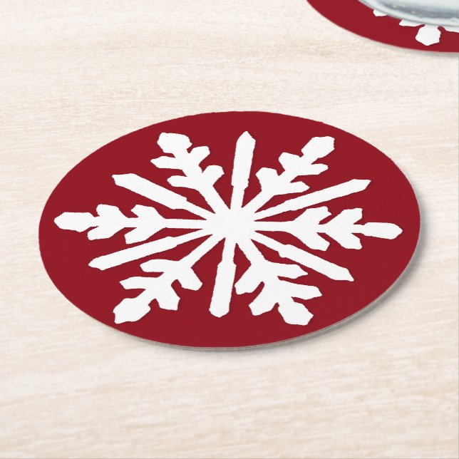 White snowflake round paper coaster (Angled)