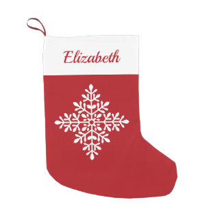 White Snowflake Shape On Red With Custom Name Small Christmas Stocking