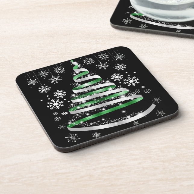 White Snowflake Silver Green Ribbon Christmas Tree Beverage Coaster (Left Side)